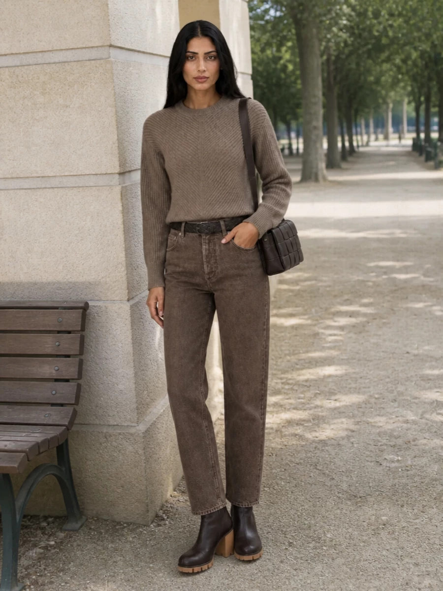 Bottega veneta brown jeans taupe sweater outfit