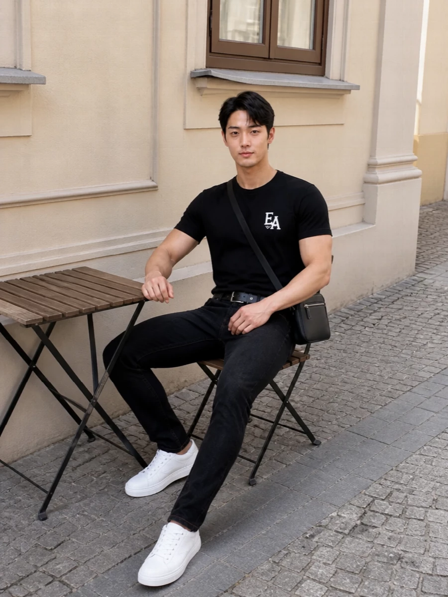 Emporio armani black tee dark jeans white sneakers