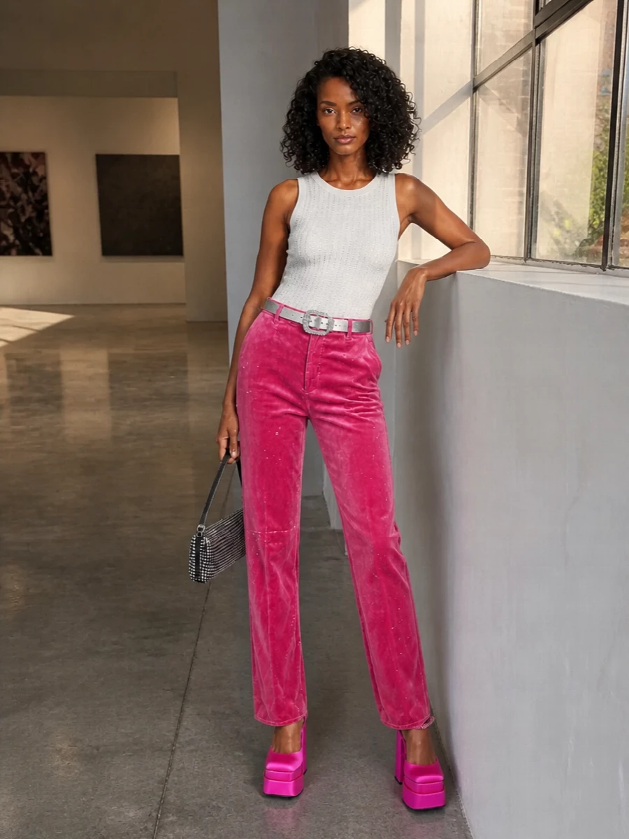 Dsquared2 pink velvet trousers crystal tank outfit