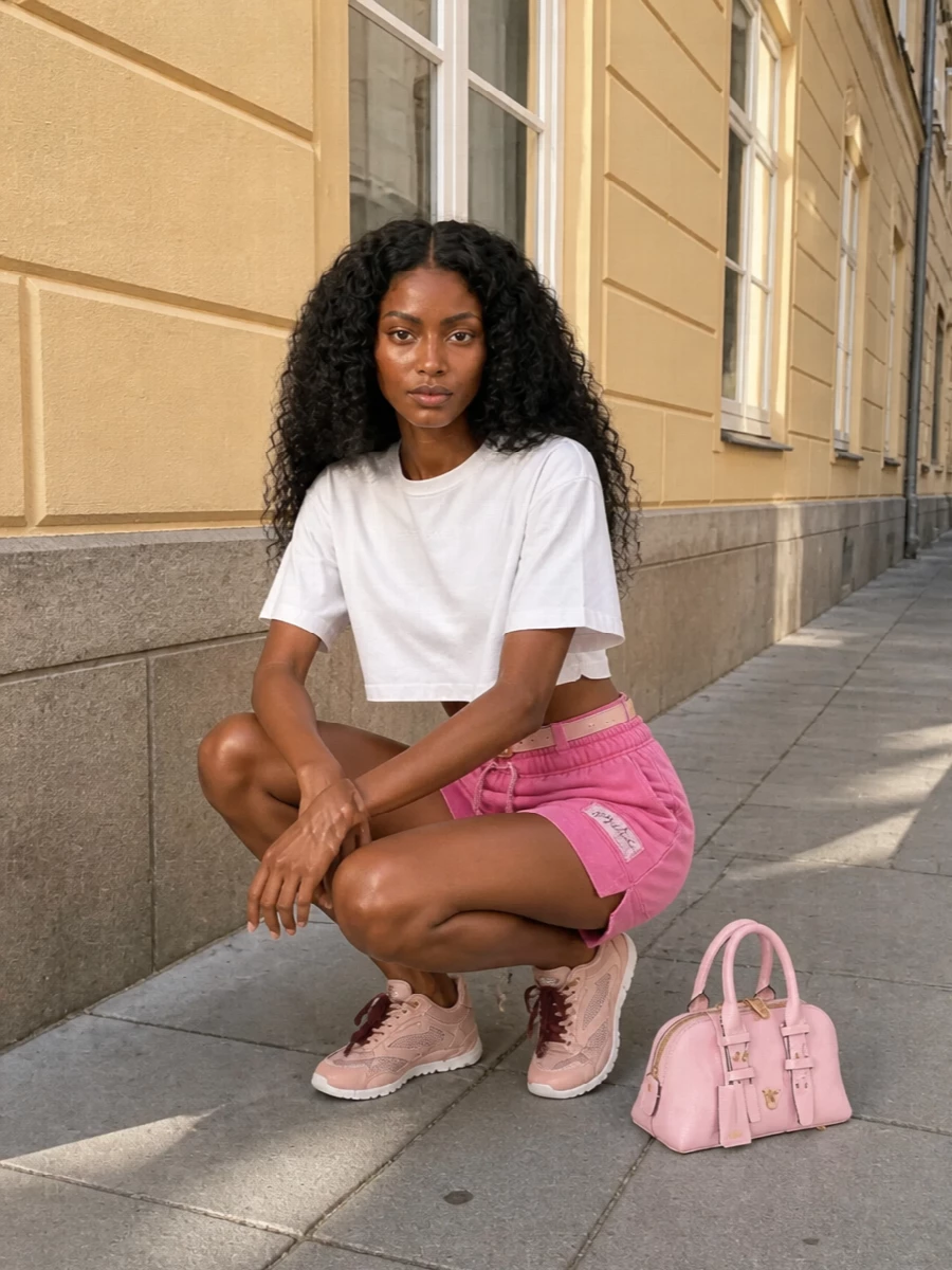Sporty and feminine, this outfit centers on the vivid pink shorts, grounded by a crisp cropped white tee for a clean, athletic line. Blush runners and a powder-pink mini bag keep the color story soft and coordinated, while the nude-blush belt adds just enough structure to define the waist without losing that relaxed, off-duty ease. It feels made for warm city days when you want comfort, movement and a clear point of view in your palette.