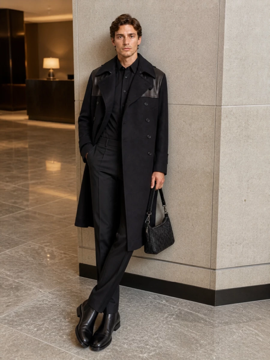 Fendi charcoal coat black shirt trousers boots