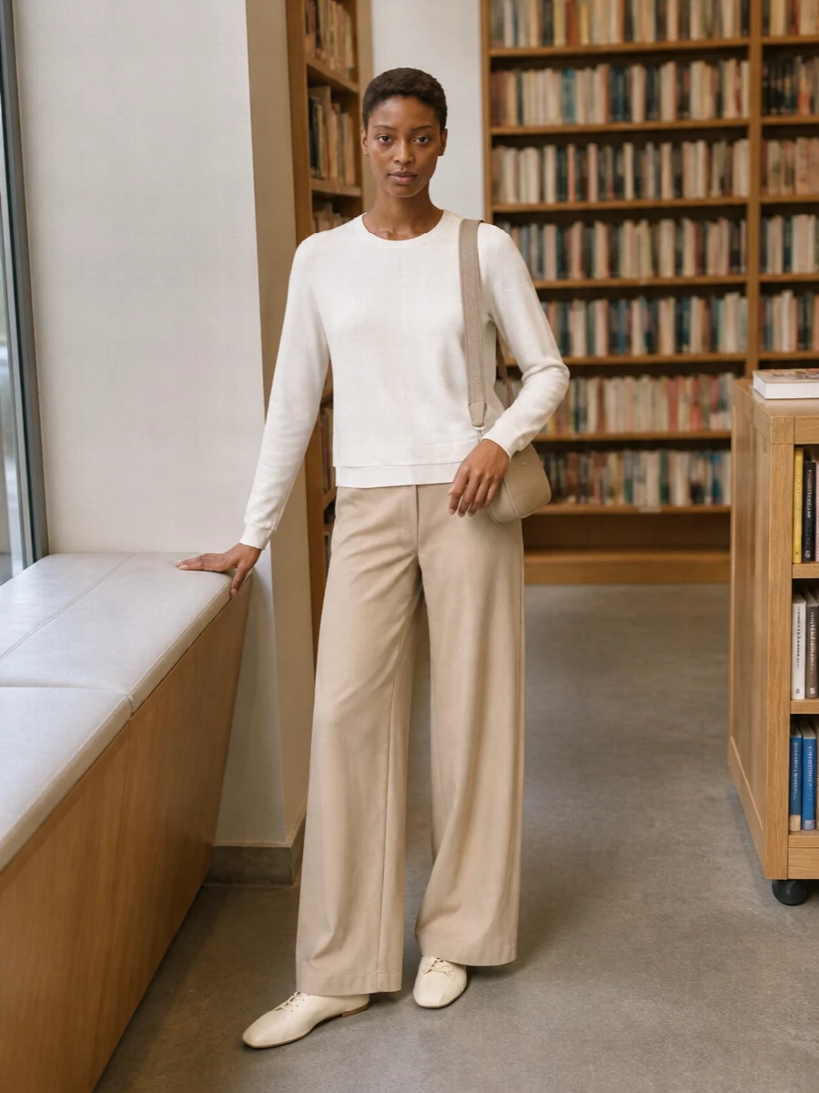 Emporio armani white sweater beige wide leg trousers