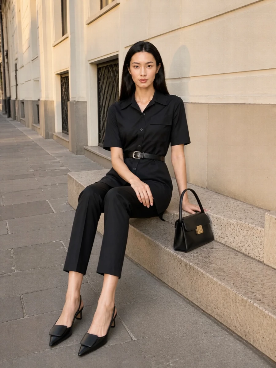 Ami paris black shirt trouser outfit slingbacks