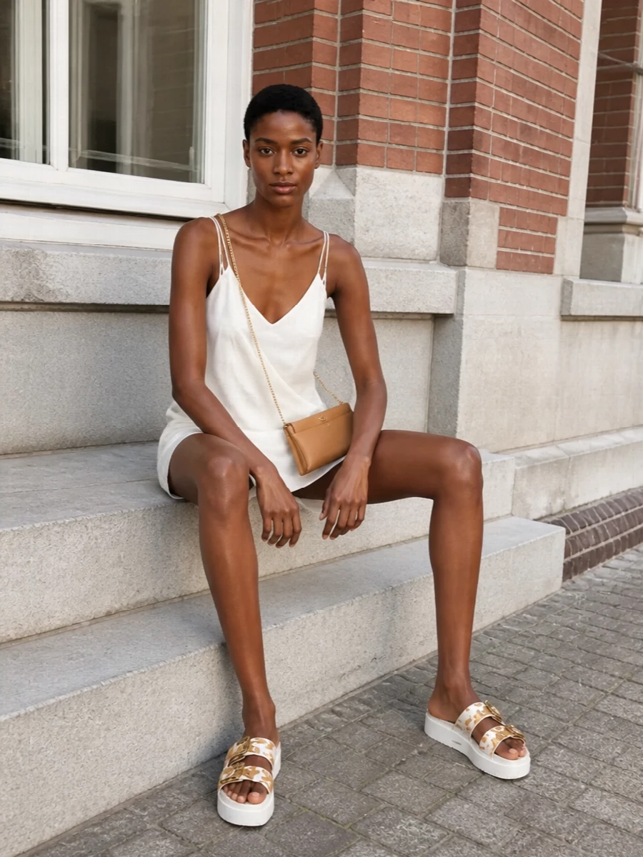 The white Mm6 slip dress and baroque Versace slides create a focused summer outfit that feels minimal yet still directional. The warm camel Etro cross-body threads in just enough contrast, picking up the gold tones in the buckles while keeping the line clean and unfussy. Choosing the dress route over separates lets the shoes and hardware tell the story without extra seams or styling tricks.