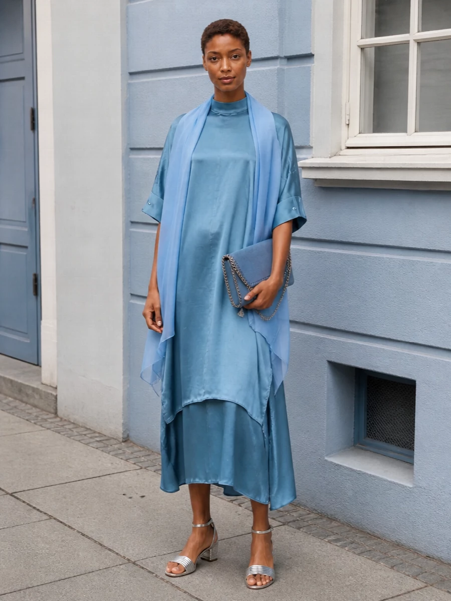 Acne studios blue satin midi dress outfit