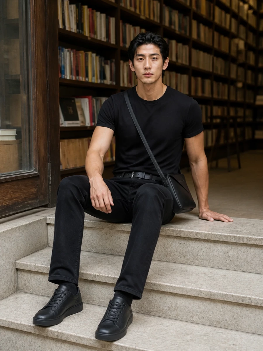 Black straight-leg denim and a pure black crew-neck tee create a clean, monochrome base that reads relaxed yet precise. All-black low-top sneakers keep the line uninterrupted and modern, while a slim leather crossbody and subtle belt add quiet structure without breaking the minimal mood. The result is an easy city uniform that moves smoothly from daytime errands to low-key evenings with a restrained, Italian kind of polish.