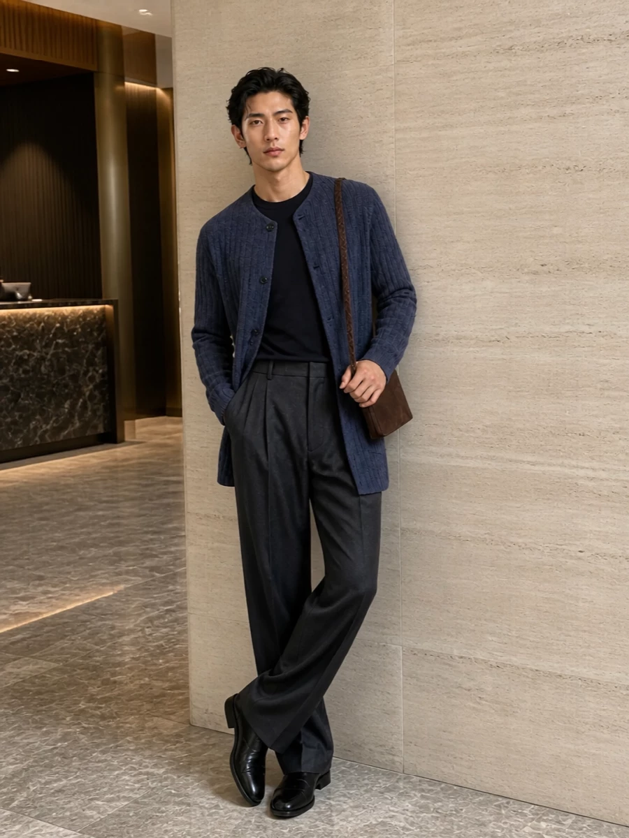 Lardini cardigan coat pleated trousers derbies
