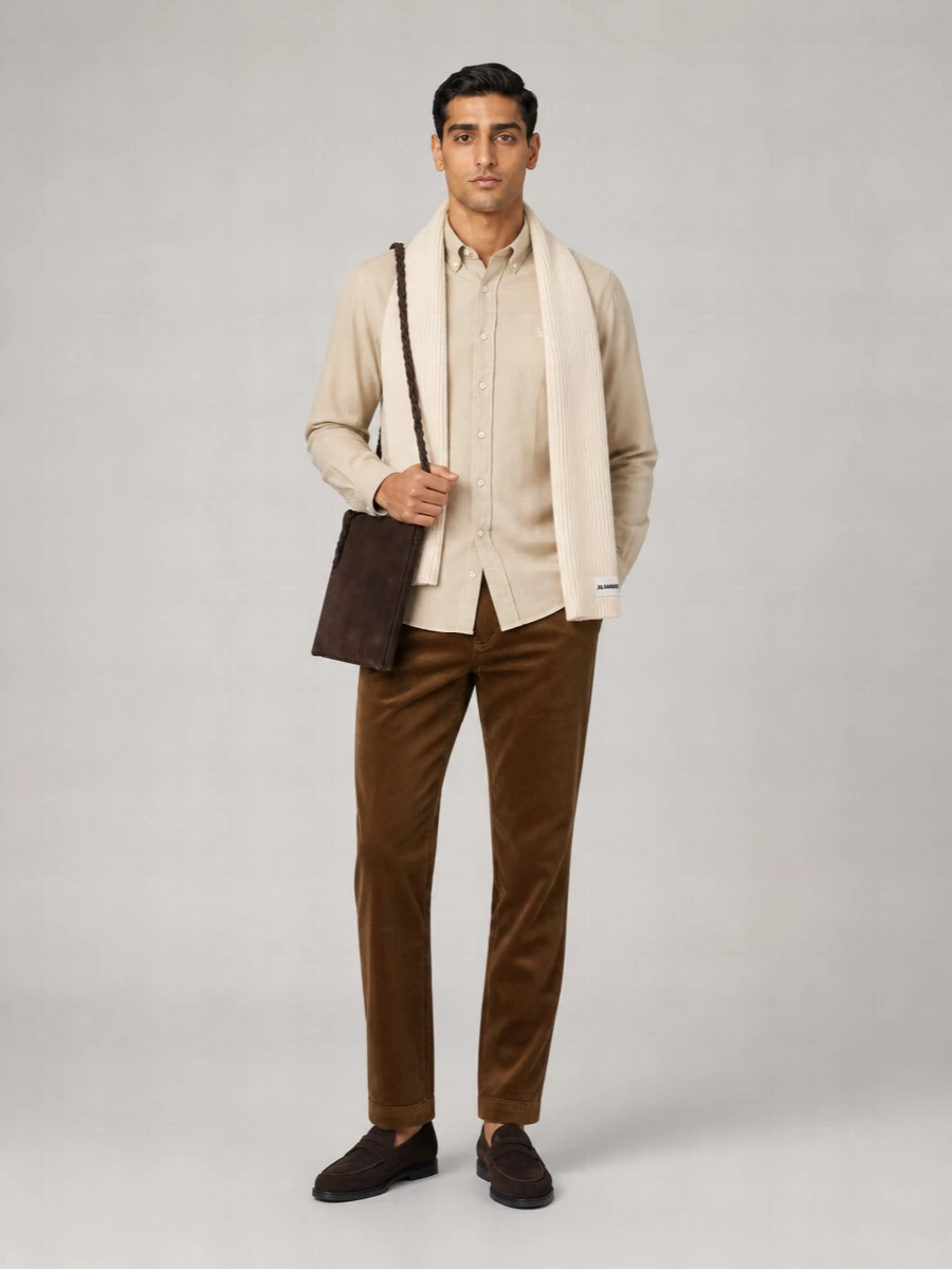 A sand Oxford shirt meets caramel corduroy for a collegiate, quietly refined take on casual dressing. Dark suede loafers and a chocolate crossbody keep the lines clean, while soft cream ribbing at the neck lifts the warm neutrals. It is an easy, intelligent uniform for city days that still reads considered.