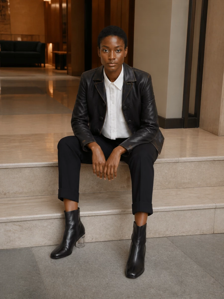 I am building around the jacket as a tailored anchor, so a sharp top and trouser combination works far better than competing with a conceptual dress. The cropped white shirt and high-rise black trouser create a clean, high-waisted column that lets the burnished jacket and clear-heel boots carry the Margiela subversion. A compact top-handle bag finishes it as a precise, gallery-and-dinner uniform rather than pure streetwear.