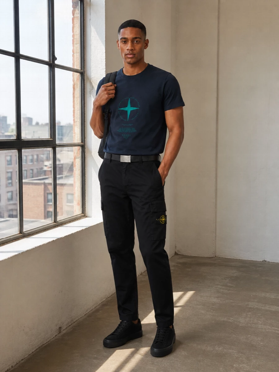 Stone island cargo pants navy compass tee outfit
