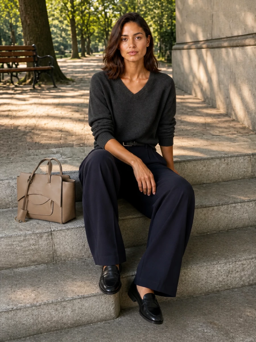 Dunst wide leg trousers charcoal knit loafers