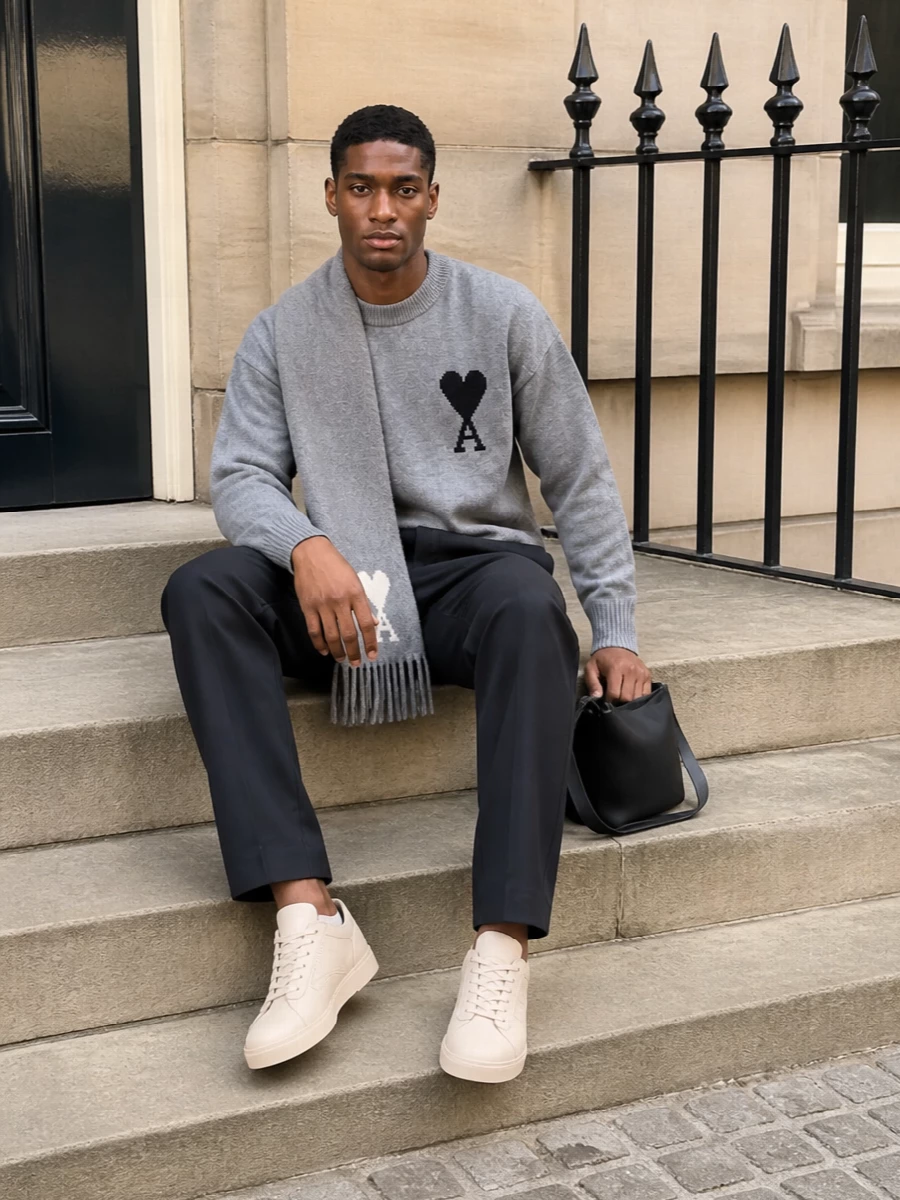 Ami paris grey sweater charcoal trousers outfit
