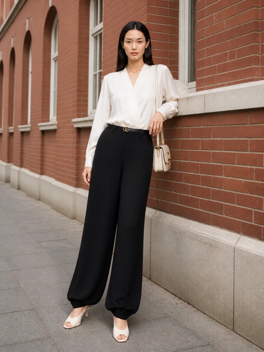 An ivory wrap blouse pairs with high-waisted black wide-leg trousers to create a long, fluid line that feels quietly authoritative for dinners or client evenings. Cream slingbacks and a structured buttercream shoulder bag keep the palette soft and luminous, while a slim black belt offers just enough definition without disturbing the clean drape.