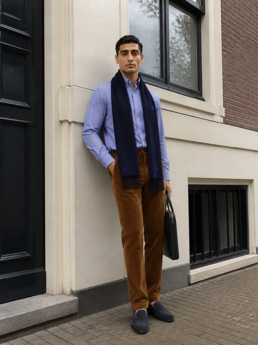 A sharp Polo Ralph Lauren shirt is grounded with caramel corduroy trousers for a collegiate, quietly refined take on smart casual. Inky suede penny loafers keep the line sleek yet relaxed, while the structured Paul Smith briefcase nudges everything toward desk-and-dinner territory. The navy scarf adds a soft, tonal layer that links the blue shirting with the deeper accessories.