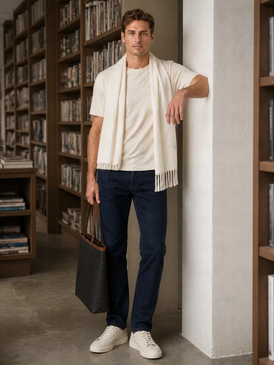 Visvim cream tshirt pt torino dark denim outfit