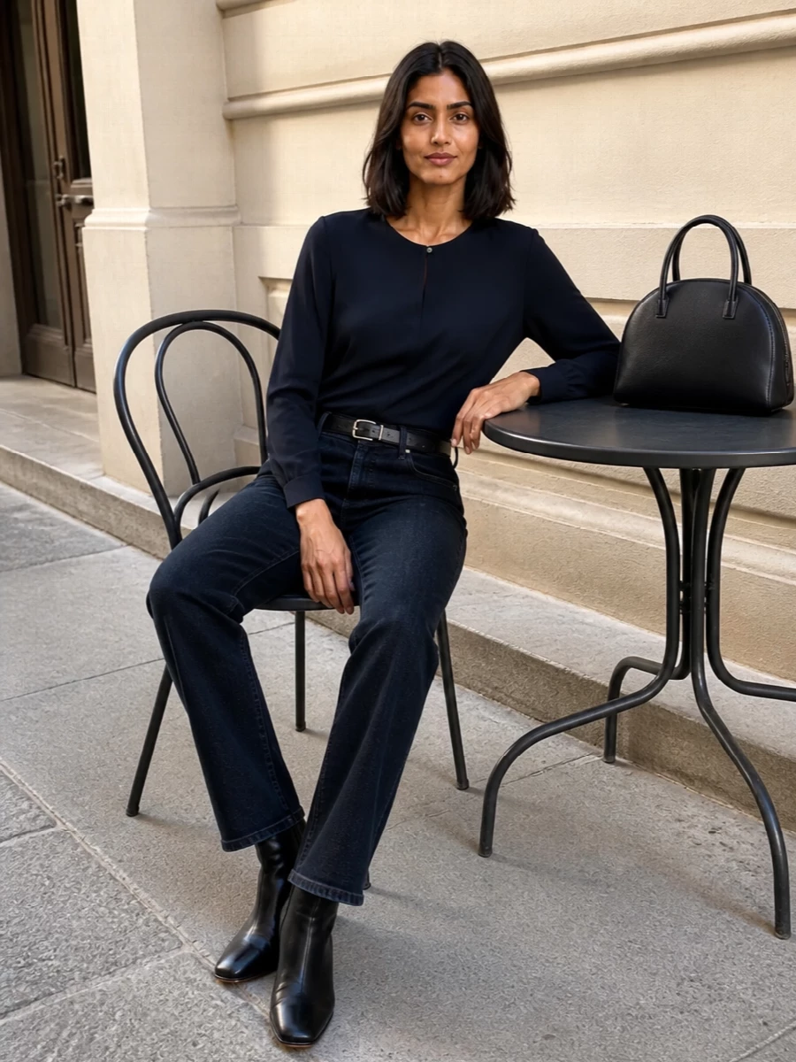 Max mara navy blouse dark jeans ankle boots