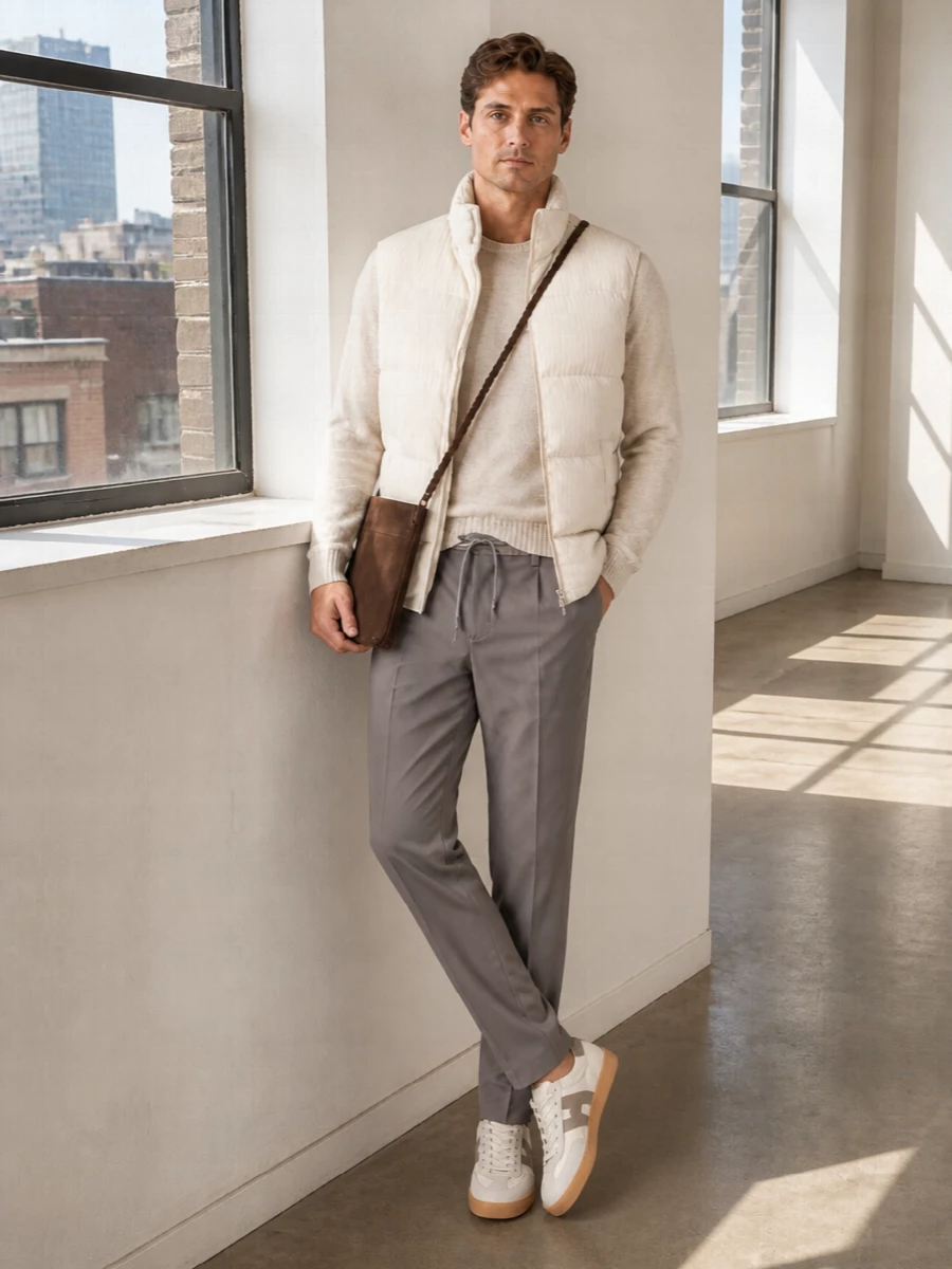 Herno gilet taupe trousers hogan sneakers