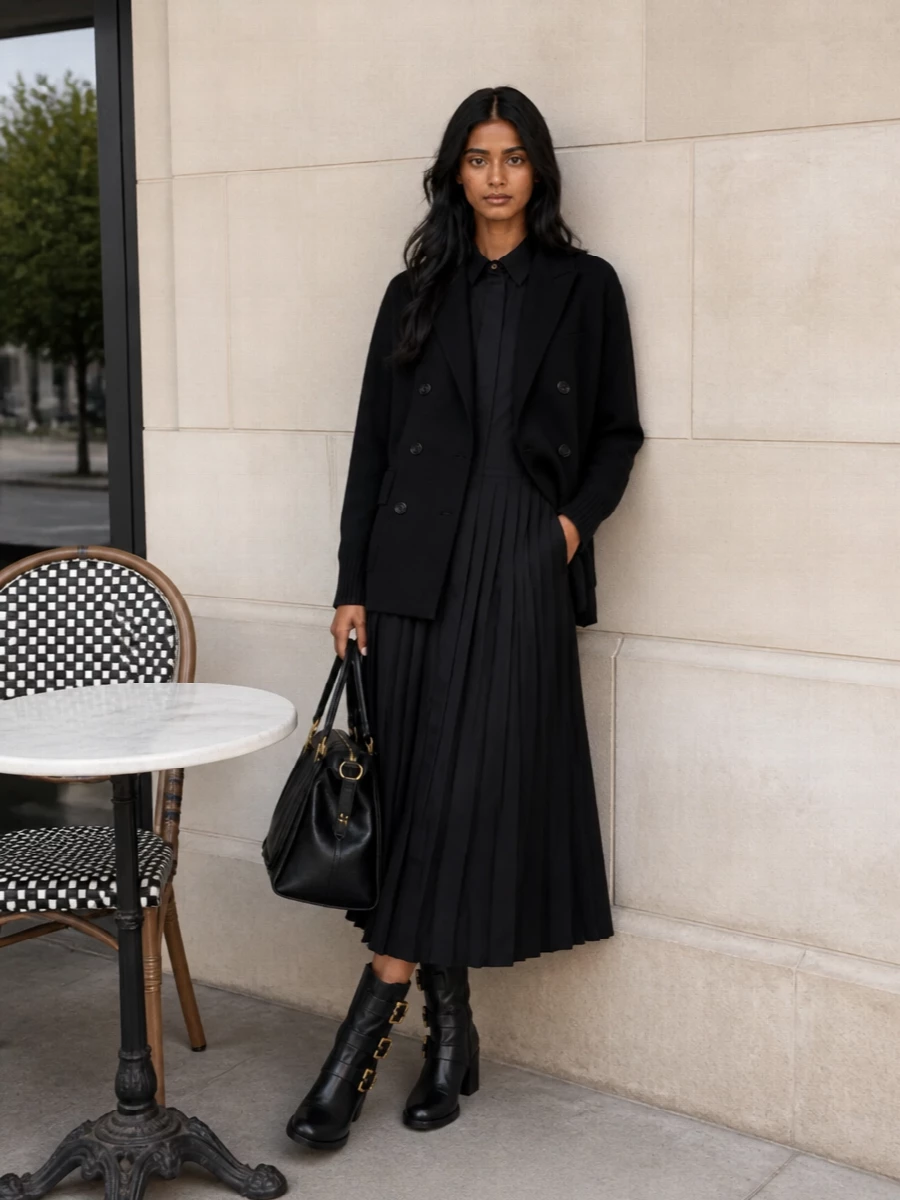Sacai black blazer cardigan pleated shirt dress