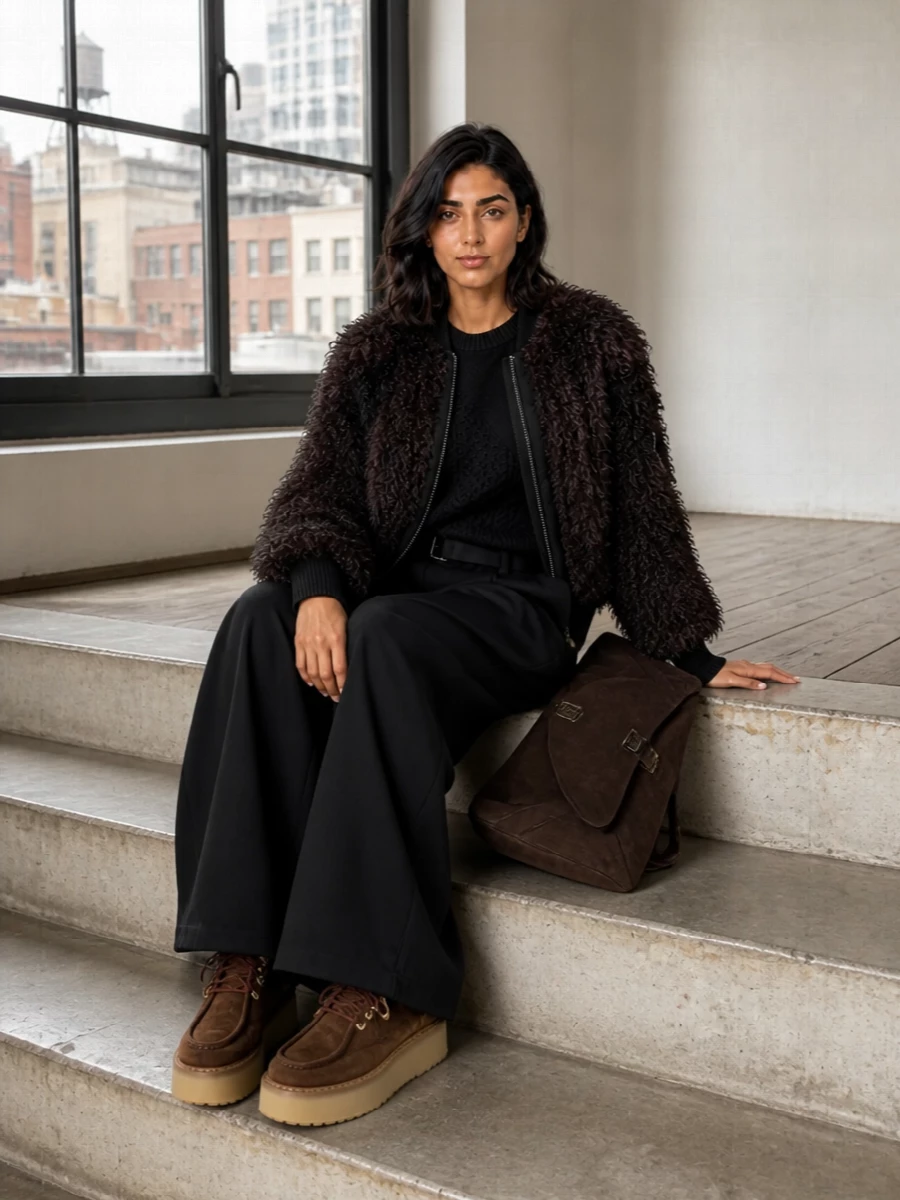 This is a Sacai‑centric city uniform that leans into rich, dark texture without losing discipline. I chose the trouser path over the dress options to echo the bomber’s utilitarian roots and keep the silhouette long, grounded, and quietly directional. The result is a cocooned upper half over a clean black column, finished with tactile Prada boots and a slouchy Balenciaga bag for a polished but louche winter attitude.