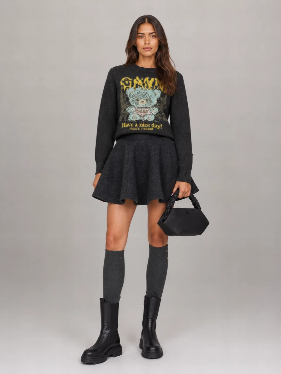 Ganni Wool Graphic-Print Crewneck Sweater