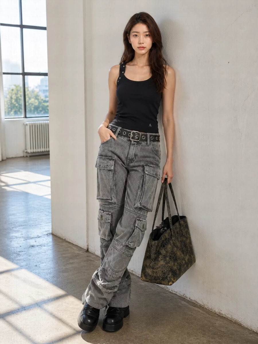 Attico cargo jeans black tank slouchy boots