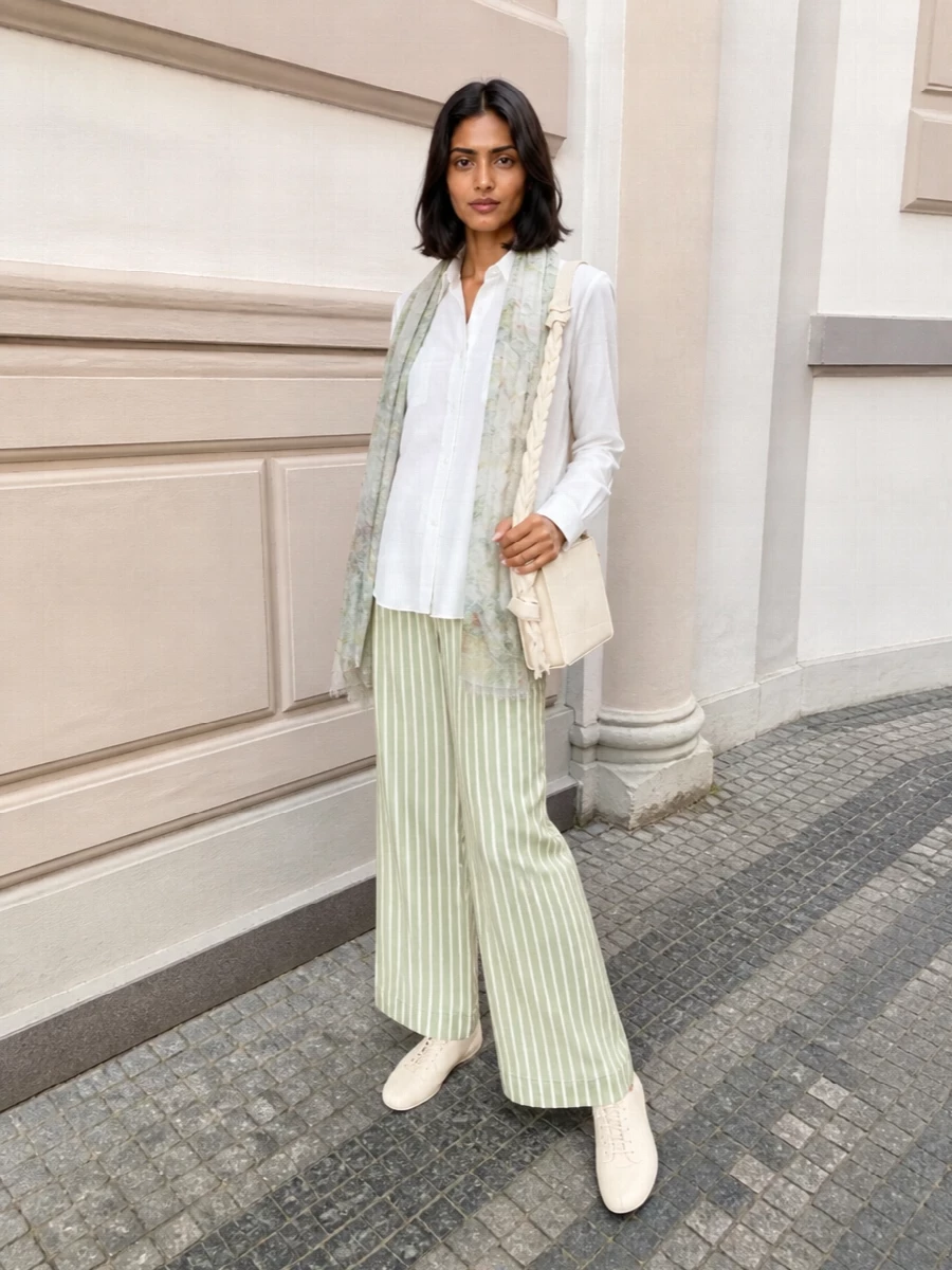 Pale sage stripes and a crisp white shirt keep this pairing fresh, clean and quietly tailored. Nude sneakers and a buttercream structured bag ground the wide leg with soft, modern ease. A gauzy floral scarf picks up the green tones, adding just enough texture without breaking the minimalist line.