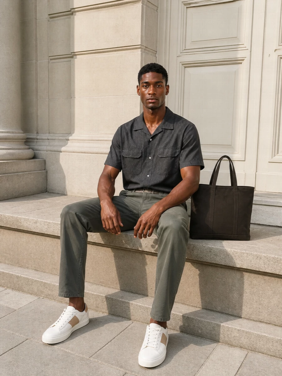 Beams plus chinos camp shirt sneakers