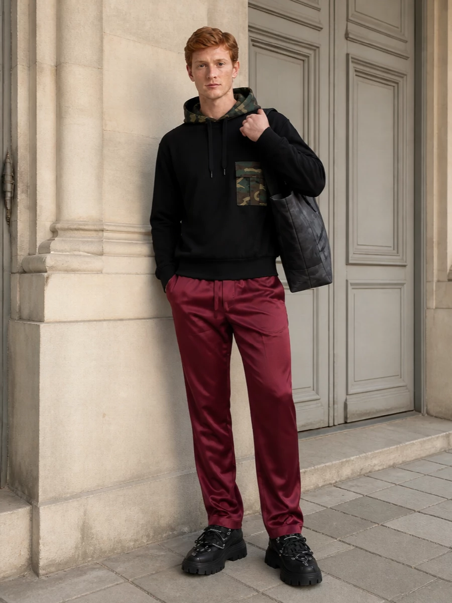 Dolce gabbana black hoodie burgundy track pant outfit