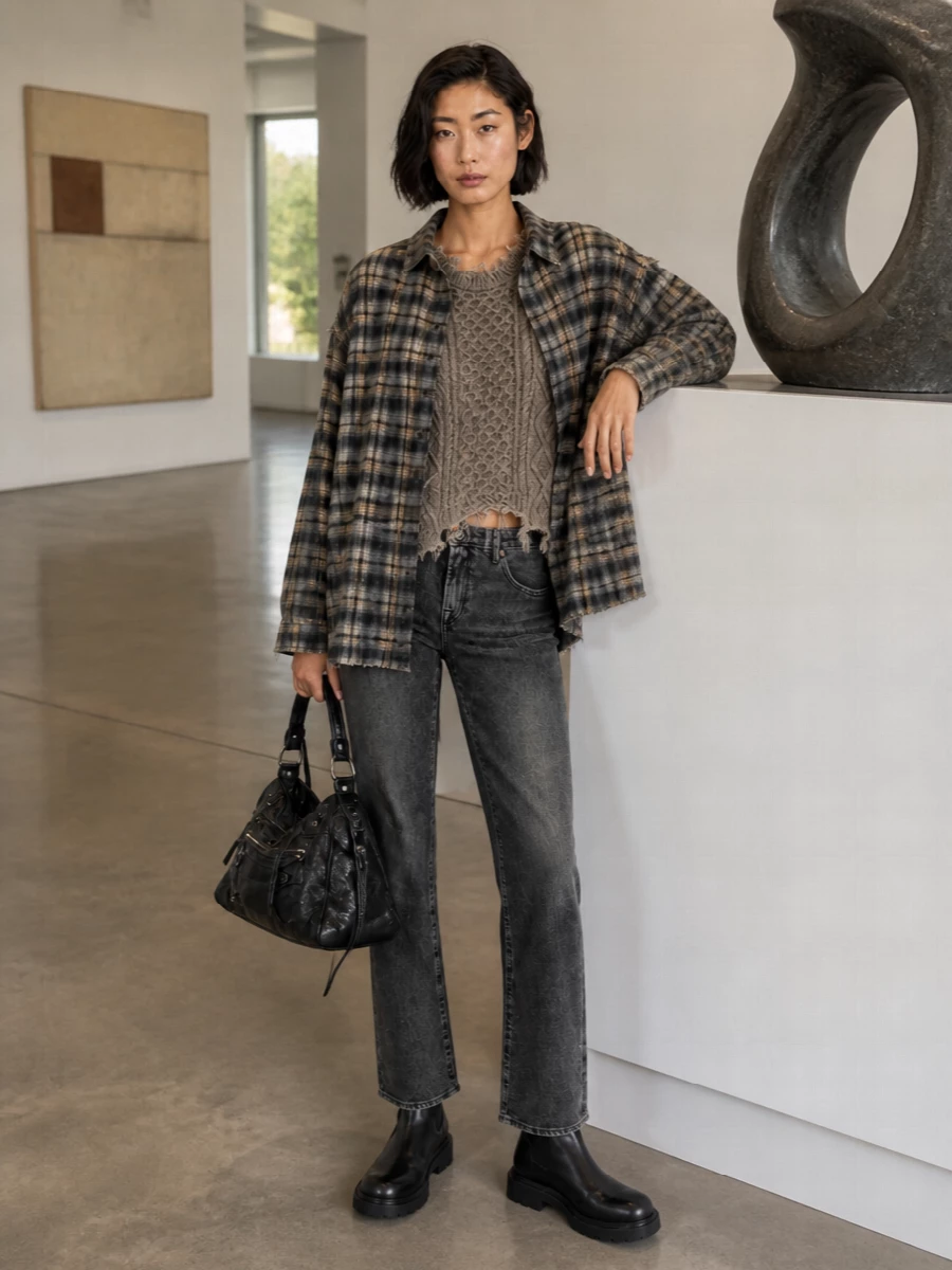 R13 plaid shacket outfit rick owens boots