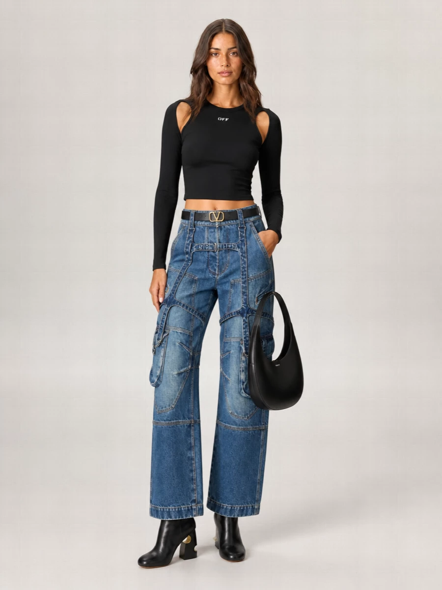 Off-White Logo-Print Cutout Long-Sleeve Cropped Top