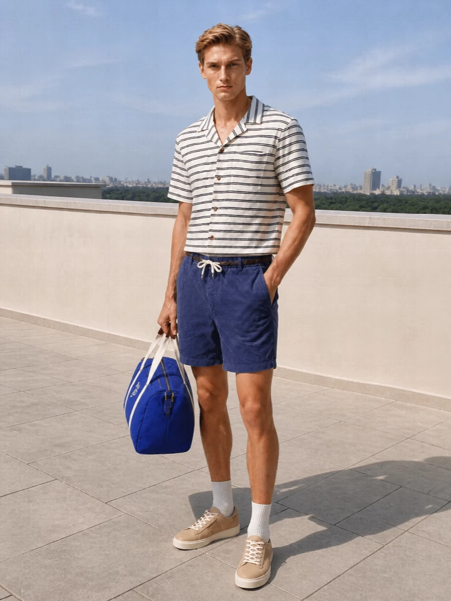 Cord shorts go instantly more intentional with the off-white striped camp shirt, giving that coastal preppy feel without tipping into formality. Neutral leather sneakers keep everything grounded and easy, while the navy braided belt adds just enough structure for coffee runs, city walks or seaside afternoons. The Polo duffle introduces a bolder blue that still feels on-theme, ready for a quick overnight or gym detour after the day.
