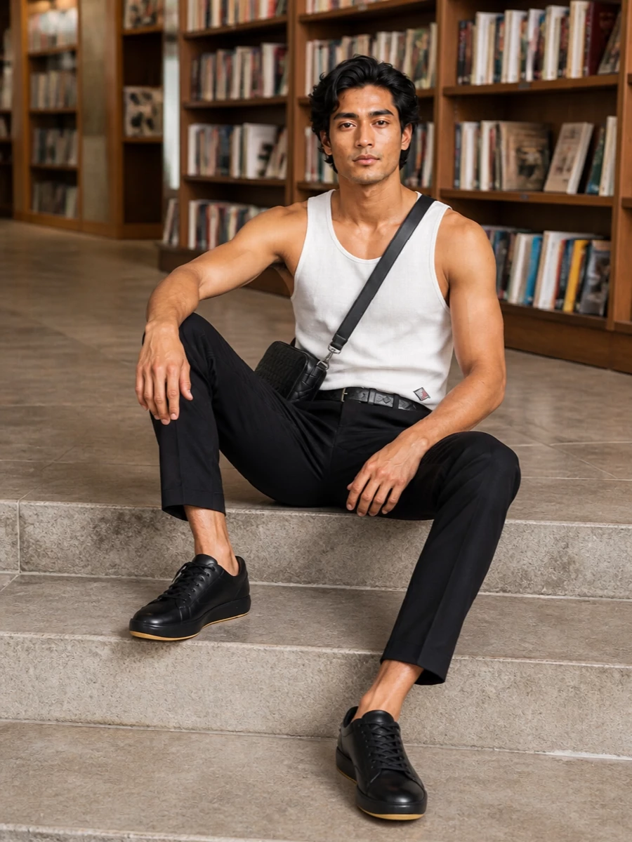 An optic white designer tank sits against sharp black technical trousers for a sport-influenced base that still feels considered. Black leather sneakers and a structured intrecciato crossbody keep everything pared back and city ready, with a slim belt giving just enough structure at the waist. The palette stays graphic and minimal, letting proportion and texture do the work.