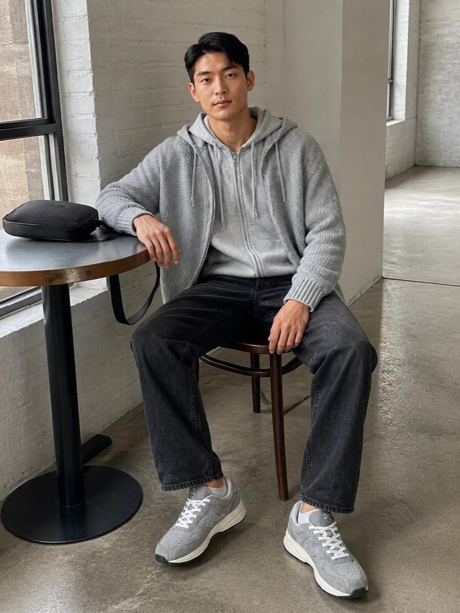 Celine grey hoodie dark jeans runners outfit