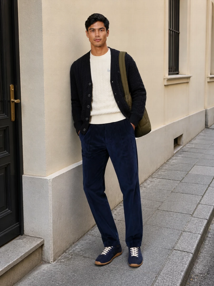 Kenzo cardigan navy corduroy trousers outfit