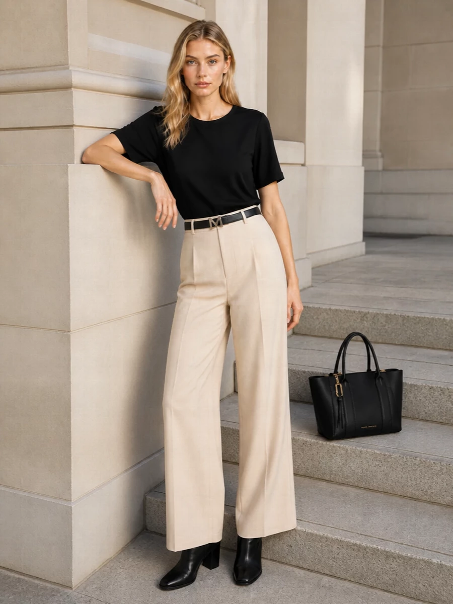 Max mara beige wide leg trousers black ankle boots