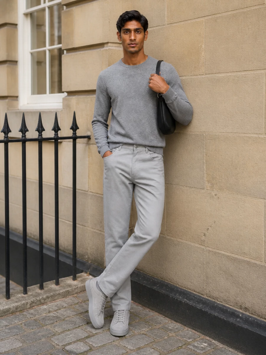 A heather grey knit meets light grey tailored trousers for a calm, precise base that moves easily from studio days to dinner. Smoky grey suede sneakers keep the mood relaxed but considered, while a compact black shoulder bag adds just enough structure without breaking the quiet palette. The result is a soft monochrome combination that feels polished without ever reading formal.