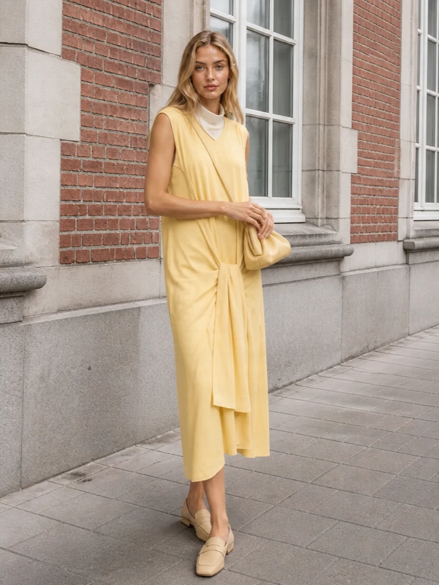 Toteme yellow midi dress aeyde loafers