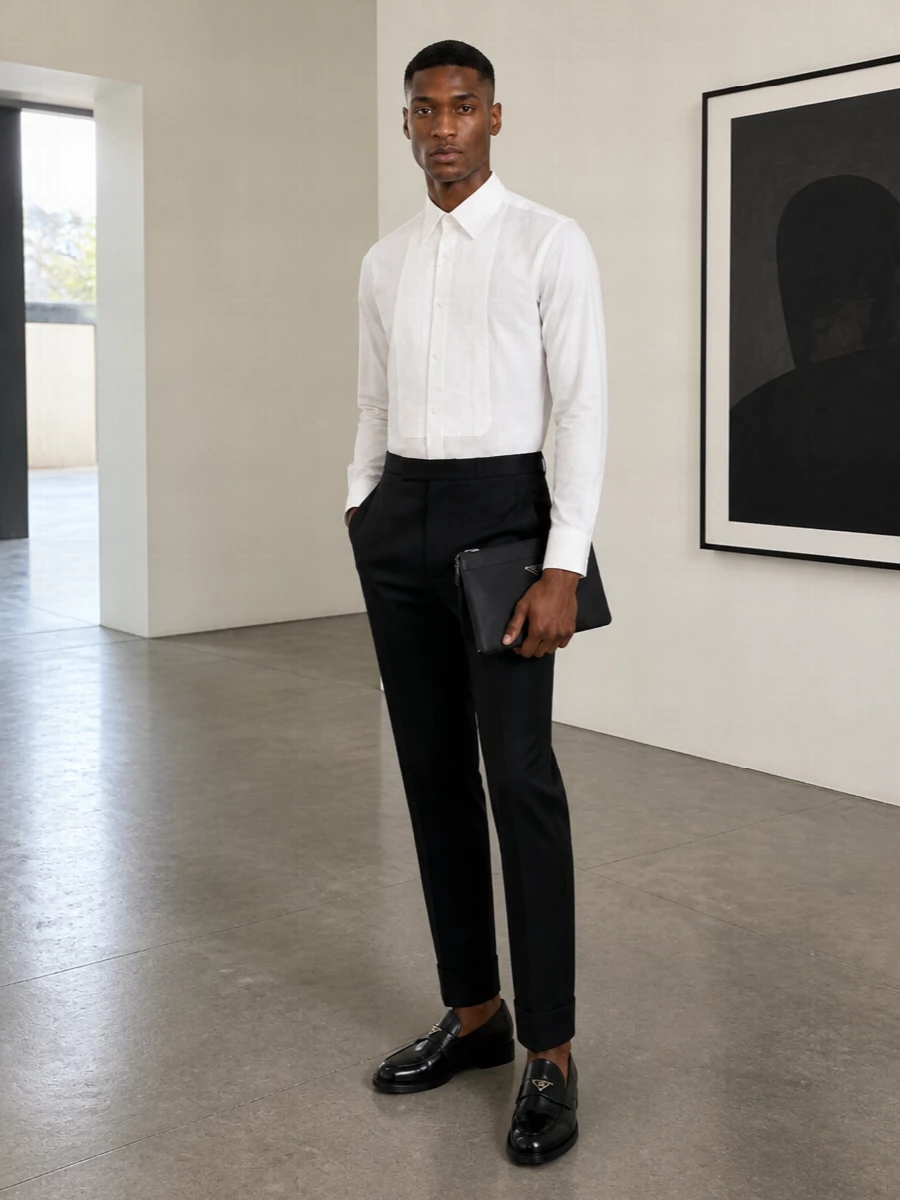 Prada black loafers tuxedo shirt trousers