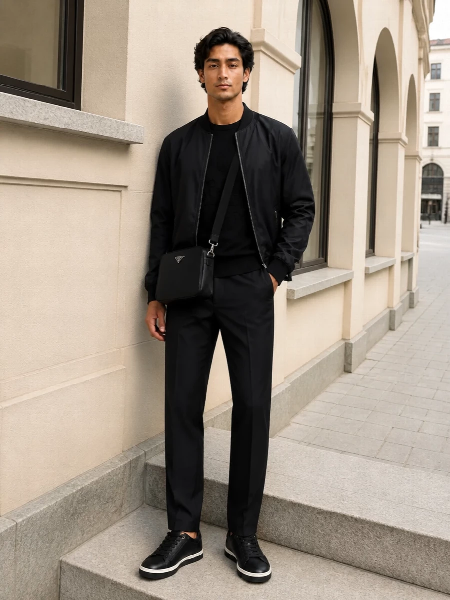 Dolcegabbana bomber black trousers prada bag
