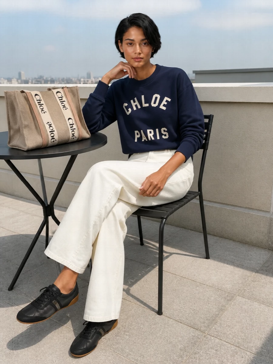 Chloe navy sweatshirt ivory wide leg trousers