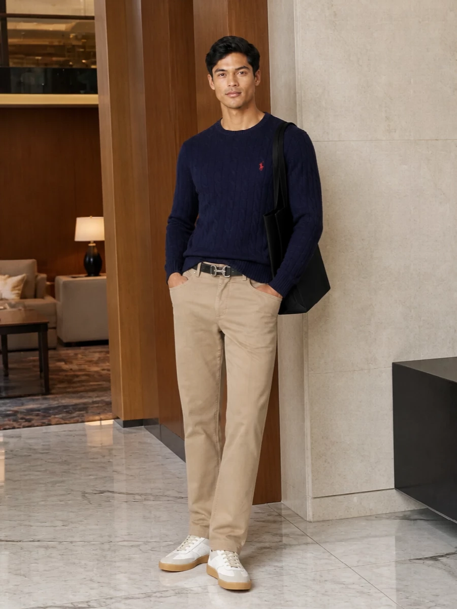 Polo ralph lauren navy sweater beige trousers