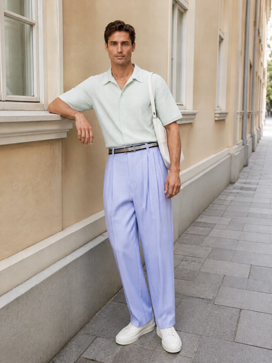 A pale sage pleated shirt meets ice-blue architectural trousers for a quietly graphic take on warm weather tailoring. Off-white sneakers and a sculptural white shoulder bag keep the palette soft and precise, while a slim black belt adds just enough structure to frame the volume. The result is relaxed but intentional, ideal for days that move from studio to dinner without a change.