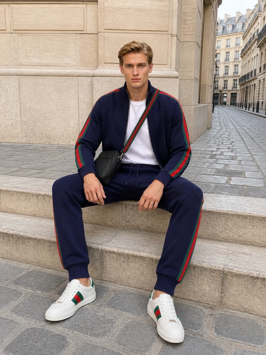 Gucci navy track jacket ace sneaker outfit