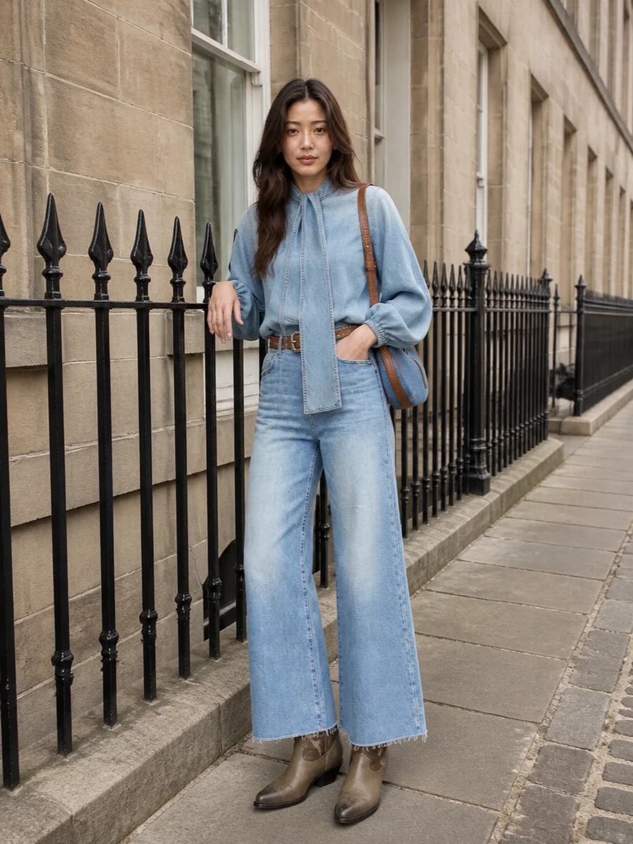 Lightwide denim and a romantic washed-denim blouse set an easy, boho mood that still feels considered. Western boots and a slim belt sharpen the high-rise waist, keeping the volume of the leg line intentional. A curved denim-and-tan hobo finishes the story with warm texture that ties the palette together for relaxed city days.