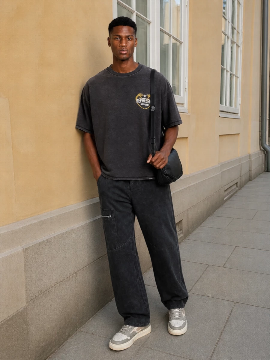 Represent charcoal tee wide leg pants sneakers