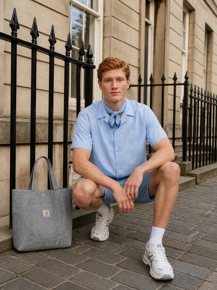 Pale blues and washed denim keep this outfit calm and clean, with just enough workwear structure to feel intentional. The technical sneakers and pinstriped tote modernise the utility base, adding light texture and function without breaking the soft palette. A sky-blue neck scarf finishes it with a small, graphic accent that still feels relaxed and easy for warm days in the city.