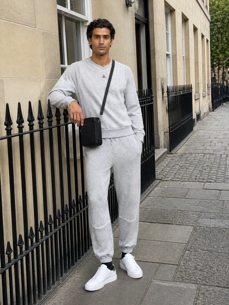 A tonal grey Vivienne Westwood knit track set is sharpened with bright white court sneakers for a clean, sport-influenced city uniform. A compact black Valentino crossbody adds just enough structure and quiet branding, keeping the whole outfit practical for travel or off-duty days without losing its minimalist edge.