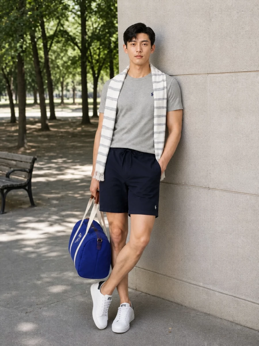 Heather-grey and navy keep this Polo Ralph Lauren pairing clean and collegiate, with the deck shorts echoing the tee’s easy sport energy. Crisp white court sneakers sharpen the palette, while a striped tote-style scarf introduces just enough pattern for interest without disturbing the minimalist mood. A royal-blue duffle finishes it with subtle campus-weekend attitude and real-world practicality for gym runs or short trips.