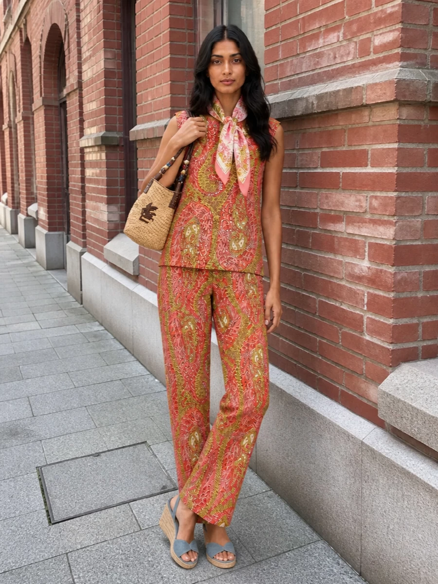 Etro paisley shell wide leg trousers outfit