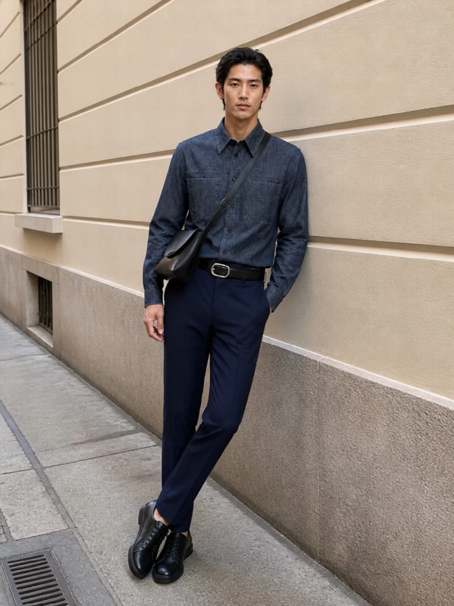 Charcoal denim-effect shirting and midnight navy tailoring create a calm, vertical line that feels precise without becoming stiff. Black, almost-dress sneakers and a curved leather shoulder bag keep the mood polished yet quietly relaxed. The belt’s graphic hardware is the only punctuation, so the focus stays on proportion and texture.